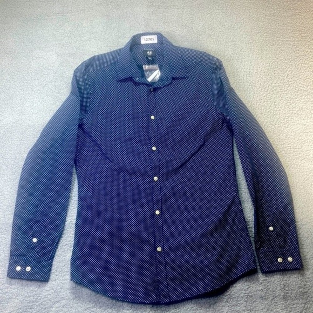 H&M Long Sleeve Business Casual Shirt Size Medium Blue/White Polka Dot